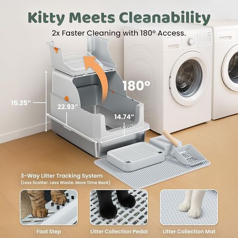 Stainless Steel Litter Box with Lid - XL Enclosed Litter Box for Cats with Collecting Mat - 4 Way Setup Fully Closed, Semi Low, High & Open Kitty Boxes, Leak Proof Metal LitterBox (Light Gray) in Saudi Arabia