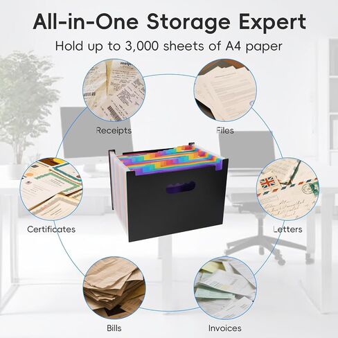 File Organizer Box with Folder, 25 Pockets Accordion File Organizer with Colored Labels, Upgraded & Portable File Folders for Home, Office, School, Dark Grey in Saudi Arabia