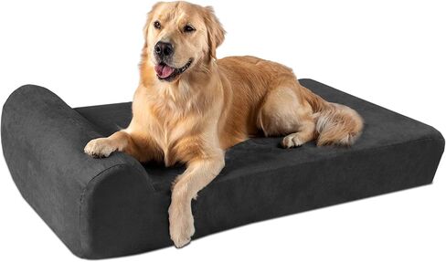 Barker Beds Headrest Dog Bed for Large Sized Dogs (Large, Khaki) – 7" Thick Soft & Comfortable Orthopedic Cushion – Durable & Washable Microsuede Cover – Made in USA in Saudi Arabia