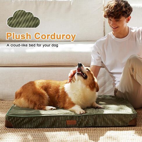FUKUMARU Dog Bed, Plush Corduroy Orthopedic Dog Beds with Washable Cover, Large Waterproof Dogs Bed for Crate, Egg Crate Foam Support Pet Mat, Cozy Pet Bed Mat with Anti-Slip Bottom, Green in Saudi Arabia