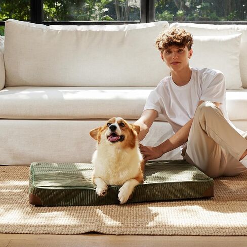 FUKUMARU Dog Bed, Plush Corduroy Orthopedic Dog Beds with Washable Cover, Large Waterproof Dogs Bed for Crate, Egg Crate Foam Support Pet Mat, Cozy Pet Bed Mat with Anti-Slip Bottom, Green in Saudi Arabia