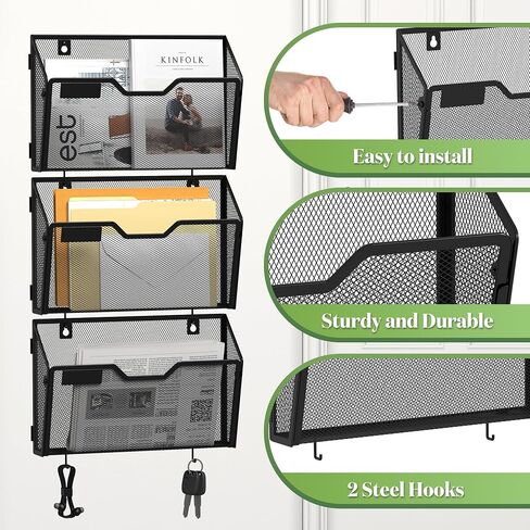 YINGHUA 3 Pack Mesh File Holders Wall Mounted - Durable Metal Hanging Organizer with Hooks - 12.6 Inch Vertical Wall Baskets for Mail Papers Office Home and School Storage - Black in Saudi Arabia