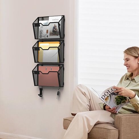 YINGHUA 3 Pack Mesh File Holders Wall Mounted - Durable Metal Hanging Organizer with Hooks - 12.6 Inch Vertical Wall Baskets for Mail Papers Office Home and School Storage - Black in Saudi Arabia