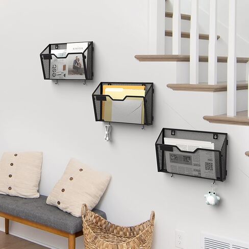 YINGHUA 3 Pack Mesh File Holders Wall Mounted - Durable Metal Hanging Organizer with Hooks - 12.6 Inch Vertical Wall Baskets for Mail Papers Office Home and School Storage - Black in Saudi Arabia