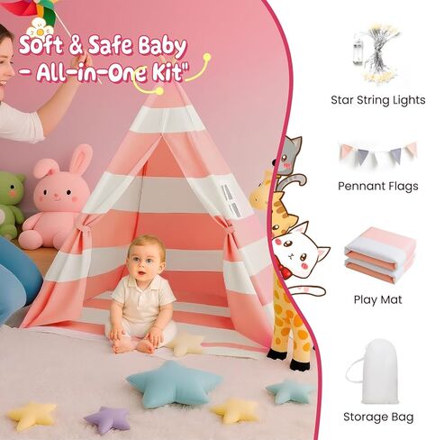 Teepee Tent for Kids with Carry Bag, Washable Playhouse for Indoor Use, Ideal Play Tent for Girls and Boys, Stripe Black in Kuwait