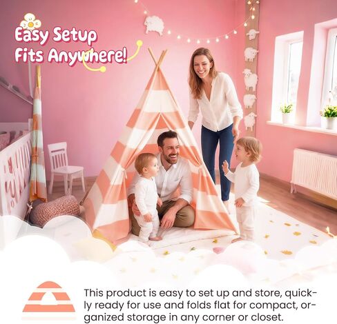 Teepee Tent for Kids with Carry Bag, Washable Playhouse for Indoor Use, Ideal Play Tent for Girls and Boys, Stripe Black in Kuwait