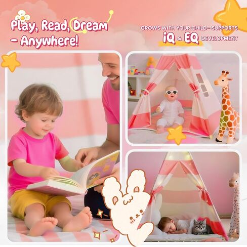 Teepee Tent for Kids with Carry Bag, Washable Playhouse for Indoor Use, Ideal Play Tent for Girls and Boys, Stripe Black in Kuwait