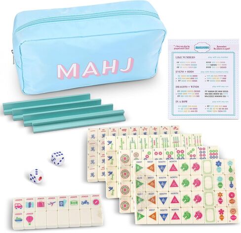 Soulchen Mini American Mahjong Tile Set تشمل 160 0.8 بوصة Mahjong Tiles 2 Dice 4 Blue-Green Wooden Rulers 1 Accessory Bag 4 بطاقات قاعدة المبتدئين للسفر in Kuwait
