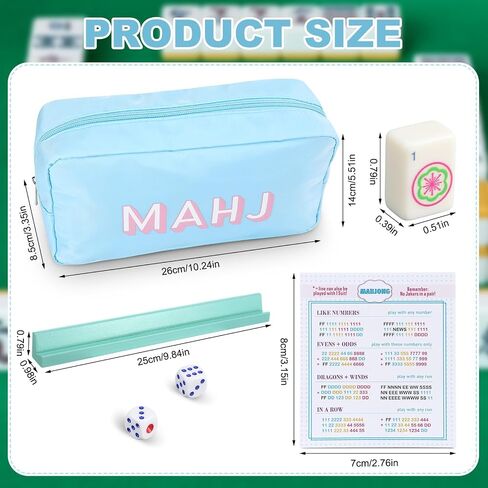 Soulchen Mini American Mahjong Tile Set تشمل 160 0.8 بوصة Mahjong Tiles 2 Dice 4 Blue-Green Wooden Rulers 1 Accessory Bag 4 بطاقات قاعدة المبتدئين للسفر in Kuwait