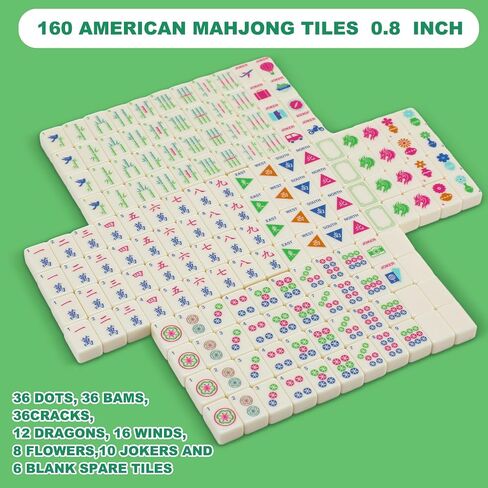 Soulchen Mini American Mahjong Tile Set تشمل 160 0.8 بوصة Mahjong Tiles 2 Dice 4 Blue-Green Wooden Rulers 1 Accessory Bag 4 بطاقات قاعدة المبتدئين للسفر in Kuwait