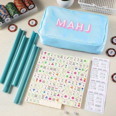 Soulchen Mini American Mahjong Tile Set تشمل 160 0.8 بوصة Mahjong Tiles 2 Dice 4 Blue-Green Wooden Rulers 1 Accessory Bag 4 بطاقات قاعدة المبتدئين للسفر in Kuwait