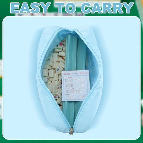 Soulchen Mini American Mahjong Tile Set تشمل 160 0.8 بوصة Mahjong Tiles 2 Dice 4 Blue-Green Wooden Rulers 1 Accessory Bag 4 بطاقات قاعدة المبتدئين للسفر in Kuwait