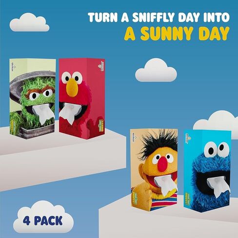 SESAME STREET SNEEZE 4-Pack - Premium Facial Tissues Fun Designs for Kids - Made in USA - Ideal Get Well Gift - Gentle & Absorbent Relief for Sniffles | 496 Total Tissue Count (124 Each Box) in Saudi Arabia