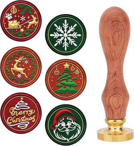 Craspire 6 Style Merry Christmas Wax Seal Seal Set Heads Brass Sealing Stamp Heads+1PC Wood Handle Handle Citable Admovable Kit for Pine Cone Snowflake Reindeer Sleigh Holly Party Envelop in Saudi Arabia