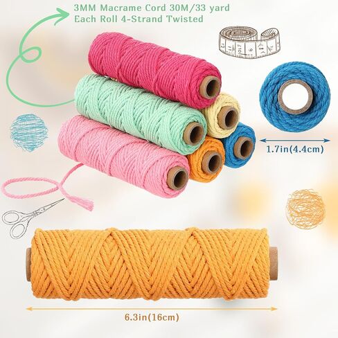 18 Rolls Macrame Cord 3mm × 594 ياردة - طقم حبل الحبل القطني الطبيعي الملون ، 4 خيوط ملتوية متنوعة سلسلة خيوط شماعات الجدار ، معلقة النبات ، الحياكة DIY ، مستلزمات MacRame in Kuwait