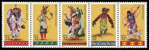 Native American Dances Strip of 5 Postage Stamps, Catalog No 3076a, Mint Never Hinged in Saudi Arabia