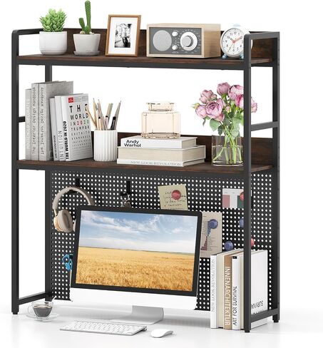 Tangkula Desktop Bookshelf, Multipurpose 2-Tier Desk Hutch with Pegboard, Industrial Countertop Storage Organizer Rack for up to 32" Computer Monitor, Hutch for Dorm Home Office (Rustic Brown) in Saudi Arabia