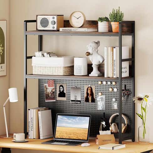 Tangkula Desktop Bookshelf, Multipurpose 2-Tier Desk Hutch with Pegboard, Industrial Countertop Storage Organizer Rack for up to 32" Computer Monitor, Hutch for Dorm Home Office (Rustic Brown) in Saudi Arabia