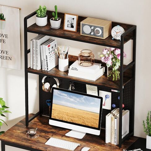 Tangkula Desktop Bookshelf, Multipurpose 2-Tier Desk Hutch with Pegboard, Industrial Countertop Storage Organizer Rack for up to 32" Computer Monitor, Hutch for Dorm Home Office (Rustic Brown) in Saudi Arabia