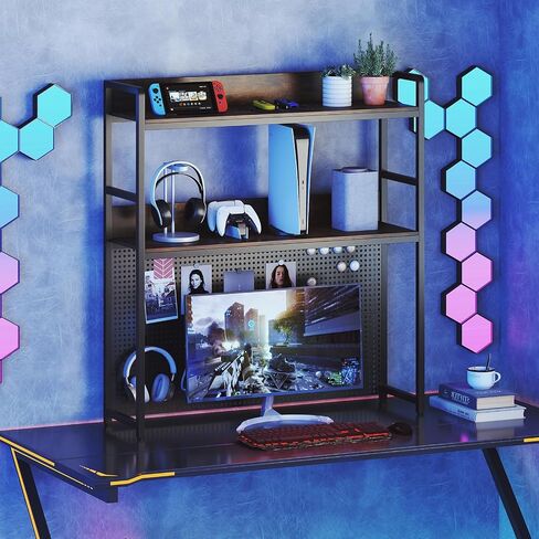 Tangkula Desktop Bookshelf, Multipurpose 2-Tier Desk Hutch with Pegboard, Industrial Countertop Storage Organizer Rack for up to 32" Computer Monitor, Hutch for Dorm Home Office (Rustic Brown) in Saudi Arabia