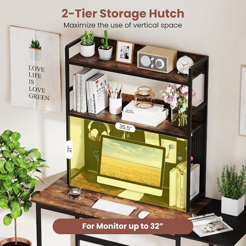 Tangkula Desktop Bookshelf, Multipurpose 2-Tier Desk Hutch with Pegboard, Industrial Countertop Storage Organizer Rack for up to 32" Computer Monitor, Hutch for Dorm Home Office (Rustic Brown) in Saudi Arabia