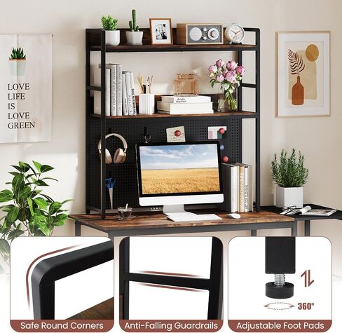 Tangkula Desktop Bookshelf, Multipurpose 2-Tier Desk Hutch with Pegboard, Industrial Countertop Storage Organizer Rack for up to 32" Computer Monitor, Hutch for Dorm Home Office (Rustic Brown) in Saudi Arabia