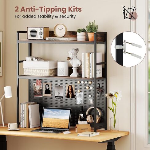 Tangkula Desktop Bookshelf, Multipurpose 2-Tier Desk Hutch with Pegboard, Industrial Countertop Storage Organizer Rack for up to 32" Computer Monitor, Hutch for Dorm Home Office (Rustic Brown) in Saudi Arabia