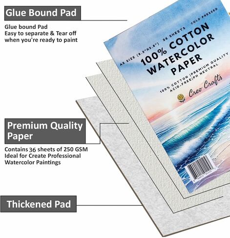 Creo Crafts 100% Cotton Watercolor Paper Pad 8x5" – 36 Sheets, A5, Cold Pressed, Acid-Free, pH Neutral, Premium Artist-Grade Paper for Painting, Drawing & Mixed Media in Kuwait