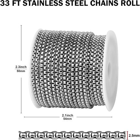 [33FT] Stainless Steel Rolo Box Chains for Jewelry Making, 2.5mm Wide 304 Stainless Steel Rolo Link Chain Roll Bulk for DIY Jewelry Making Craft in Saudi Arabia