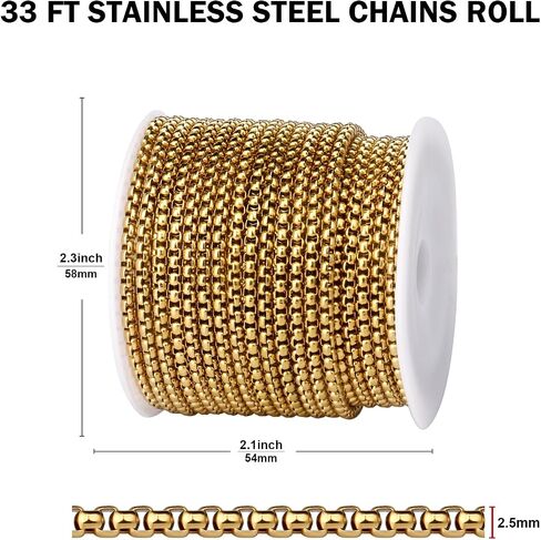[33FT] Stainless Steel Rolo Box Chains for Jewelry Making, 2.5mm Wide 304 Stainless Steel Rolo Link Chain Roll Bulk for DIY Jewelry Making Craft in Saudi Arabia