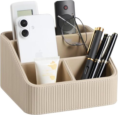 Remote Control Holder with 4 Compartments, PU Leather Small Nightstand Organizer for Home Desk Accessories Office Supplies, Multifunctional Stylish Small Bedside Desktop Organizers (Beige) in Kuwait