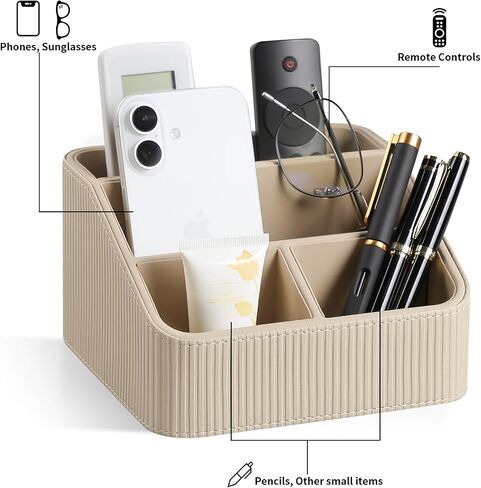 Remote Control Holder with 4 Compartments, PU Leather Small Nightstand Organizer for Home Desk Accessories Office Supplies, Multifunctional Stylish Small Bedside Desktop Organizers (Beige) in Kuwait
