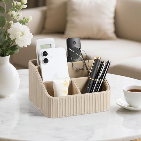 Remote Control Holder with 4 Compartments, PU Leather Small Nightstand Organizer for Home Desk Accessories Office Supplies, Multifunctional Stylish Small Bedside Desktop Organizers (Beige) in Kuwait