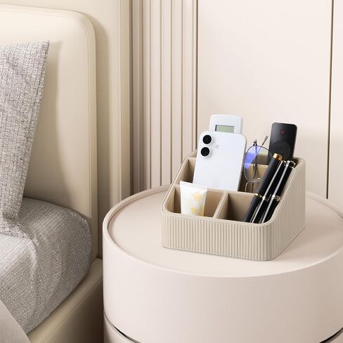 Remote Control Holder with 4 Compartments, PU Leather Small Nightstand Organizer for Home Desk Accessories Office Supplies, Multifunctional Stylish Small Bedside Desktop Organizers (Beige) in Kuwait