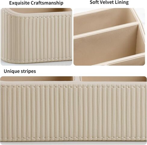 Remote Control Holder with 4 Compartments, PU Leather Small Nightstand Organizer for Home Desk Accessories Office Supplies, Multifunctional Stylish Small Bedside Desktop Organizers (Beige) in Kuwait