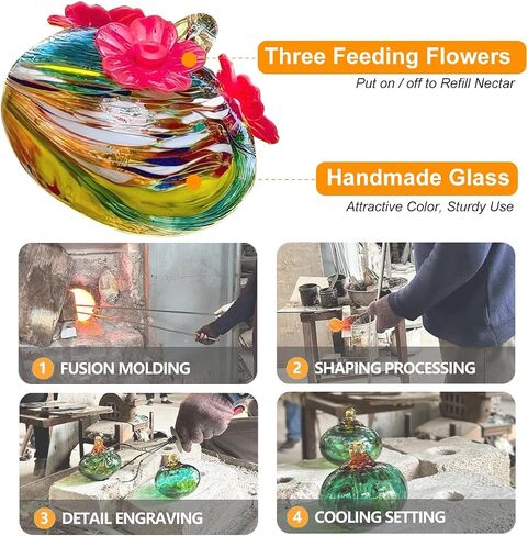 Small Glass Hummingbird Feeders for Outdoors Hanging - Hand Blown Glass Ball Nectar Feeding, Multi Color with 3 Flowers Feeding Ports, Decor for Garden/Backyard Outside in Saudi Arabia