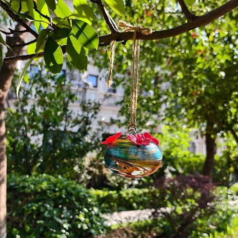 Small Glass Hummingbird Feeders for Outdoors Hanging - Hand Blown Glass Ball Nectar Feeding, Multi Color with 3 Flowers Feeding Ports, Decor for Garden/Backyard Outside in Saudi Arabia