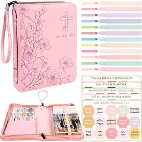 Bible Cover Case for Women Pink Leather Floral Bible Storage Bag with Highlighters Tabs for Girls Bible Study Supplies Accessories Christian Gifts in Saudi Arabia