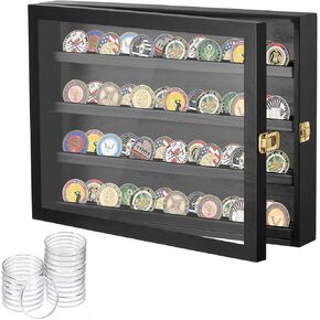 Military Challenge Coin Holder Display 16x12 Inch, Solid Pine Coin Case with Gold Latches &20 Acrylic Protectors for Coins Display - Black Coin Holder Organizer for Collectors, Veterans in Kuwait