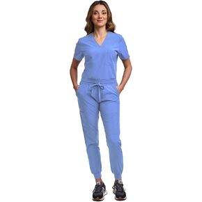 Green Town Scrubs for Women Scrub Set - Jogger Pant and Tuck-in V-Neck Top, 5 Pockets, Yoga Waistband, Nursing Uniform-Caribbean-X-Large Petite in Kuwait