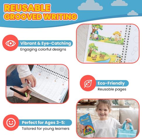 Grooved Kids Writing - Small Children's Magic Copybooks - Magic Practice Copybook for Kids w/Extra Ink - Grooved Letter Tracing for Kids Ages 3-5 w/Carrying Case - Grooved Writing Books for Kids in Saudi Arabia