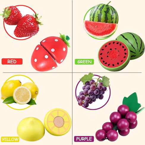 WHOHOLL Play Food Set للعب ملحقات المطبخ، ألعاب موراندي الخشبية الملونة، الطعام التظاهري بقطع الطعام مع سلة، ألعاب مونتيسوري للفتيات من عمر سنة فما فوق، موارد تعليمية لحماية العين in Kuwait