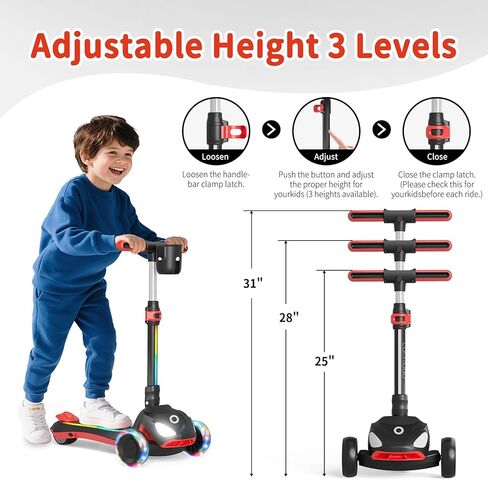 دراجة نارية كهربائية للأطفال مع 3 عجلات مضاءة LED ، ارتفاع قابل للتعديل وطفر النحافة ، منصة مضادة للانزلاق مع الأضواء ، آلية سهلة الطائر ، توازن الدراجات البخارية للأطفال الذين تتراوح أعمارهم بين 6-12 in Kuwait