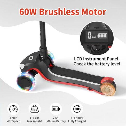 دراجة نارية كهربائية للأطفال مع 3 عجلات مضاءة LED ، ارتفاع قابل للتعديل وطفر النحافة ، منصة مضادة للانزلاق مع الأضواء ، آلية سهلة الطائر ، توازن الدراجات البخارية للأطفال الذين تتراوح أعمارهم بين 6-12 in Kuwait