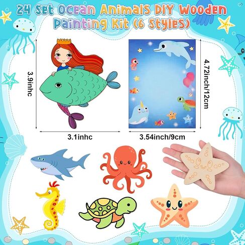 Geelin 24 Set Ocean Undersea Party لصالح Animal Wooden Paint Craft Kit DIY CARK WOODEN CARTH مع فرشاة وبطاقة لطفلة BOY BOY BIRDACTIVING PISMIVING Party Supplies Goodie Bag Suited Award in Saudi Arabia