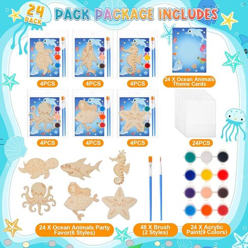 Geelin 24 Set Ocean Undersea Party لصالح Animal Wooden Paint Craft Kit DIY CARK WOODEN CARTH مع فرشاة وبطاقة لطفلة BOY BOY BIRDACTIVING PISMIVING Party Supplies Goodie Bag Suited Award in Saudi Arabia