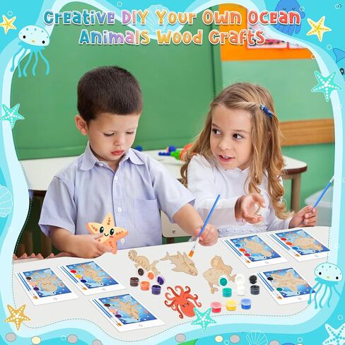 Geelin 24 Set Ocean Undersea Party لصالح Animal Wooden Paint Craft Kit DIY CARK WOODEN CARTH مع فرشاة وبطاقة لطفلة BOY BOY BIRDACTIVING PISMIVING Party Supplies Goodie Bag Suited Award in Saudi Arabia