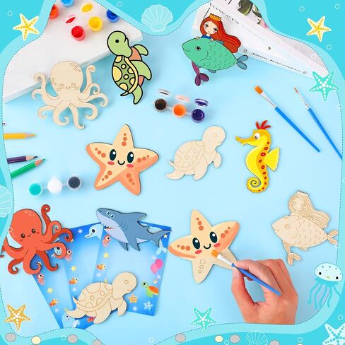 Geelin 24 Set Ocean Undersea Party لصالح Animal Wooden Paint Craft Kit DIY CARK WOODEN CARTH مع فرشاة وبطاقة لطفلة BOY BOY BIRDACTIVING PISMIVING Party Supplies Goodie Bag Suited Award in Saudi Arabia
