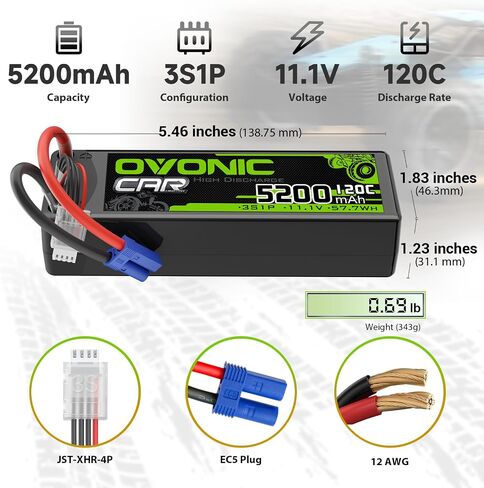 بطارية Ovonic 3S Lipo 11.1V 5200mAh 120C مع قابس EC5 لـ RC Car RC Truck Airplane Helicopter Car Car Racing RC Hobby (2 عبوات) (مع مدقق جهد Lipo) in Kuwait