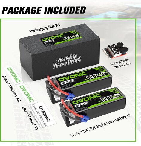 بطارية Ovonic 3S Lipo 11.1V 5200mAh 120C مع قابس EC5 لـ RC Car RC Truck Airplane Helicopter Car Car Racing RC Hobby (2 عبوات) (مع مدقق جهد Lipo) in Kuwait